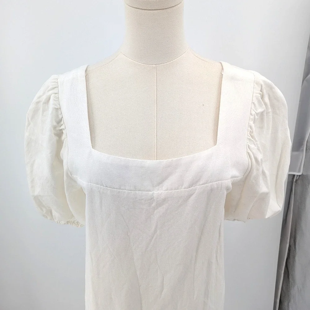 Crescent Linen Blend Dress Puff Sleeve Square Neck Cream Mini‎ L Summer Chic